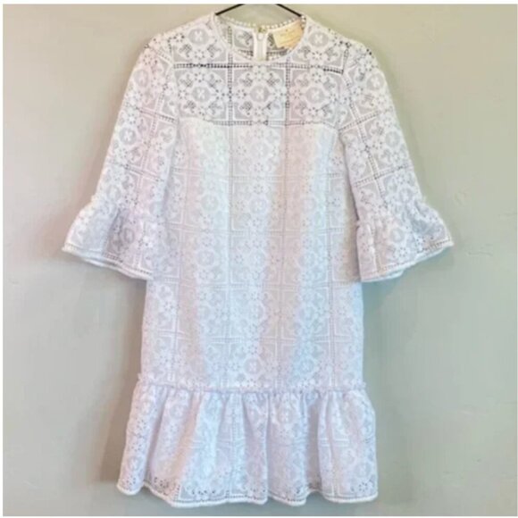 Kate Spade Mini Lace Shift Dress 00 White Ruffled Flounced Hem Floral Lace Lined - Picture 5 of 14